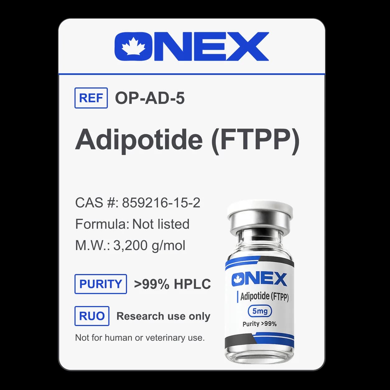 Adipotide (FTPP) 5mg specification card: catalogue reference, CAS number, molecular formula and purity