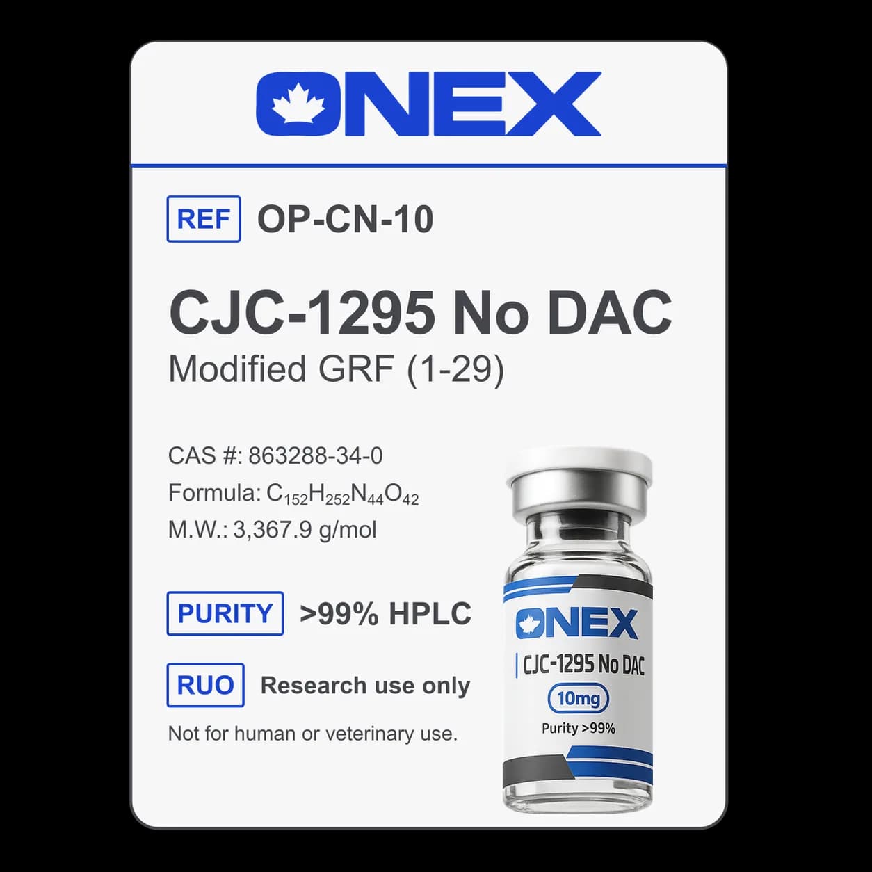 CJC-1295 No DAC 10mg specification card: catalogue reference, CAS number, molecular formula and purity