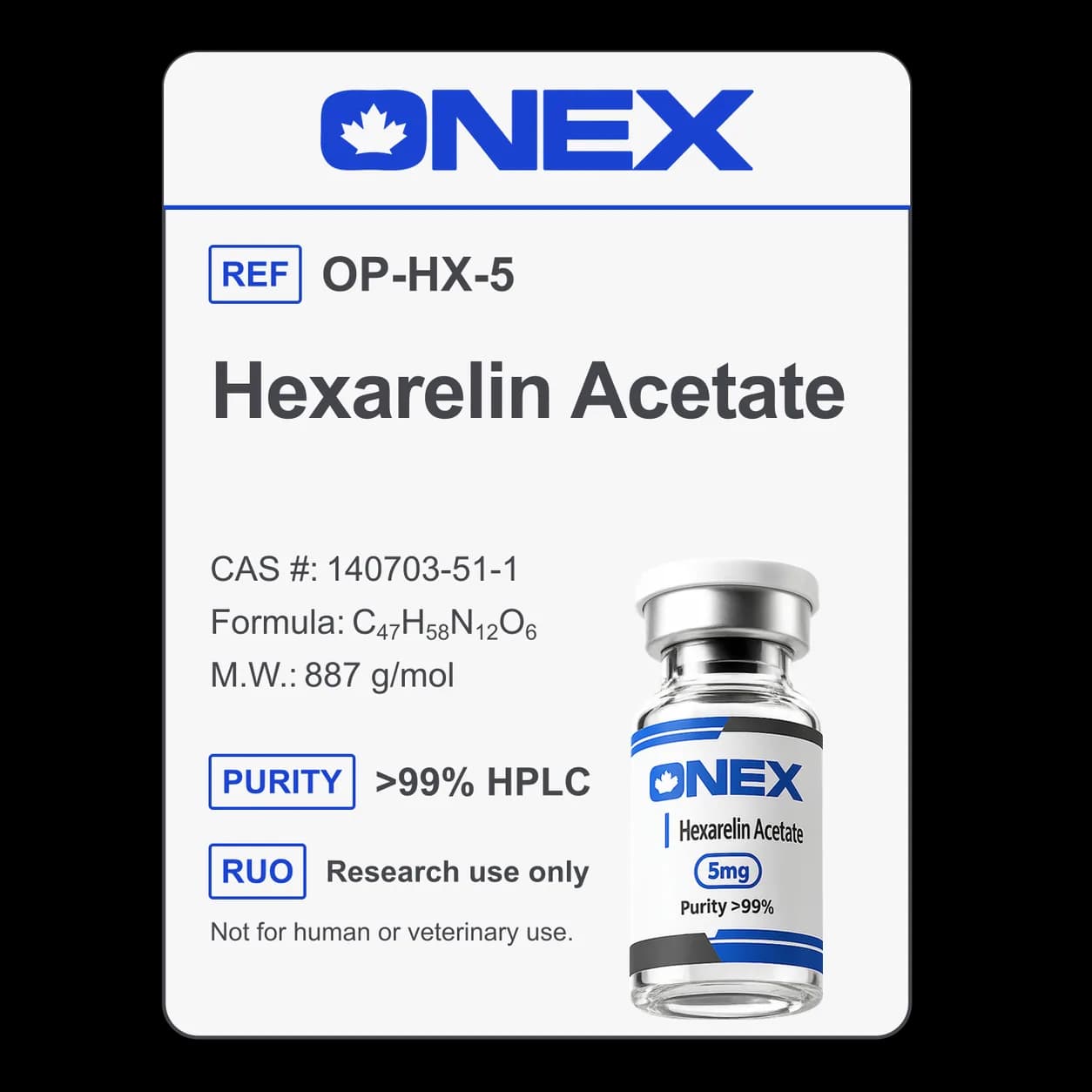 Hexarelin Acetate 5mg specification card: catalogue reference, CAS number, molecular formula and purity