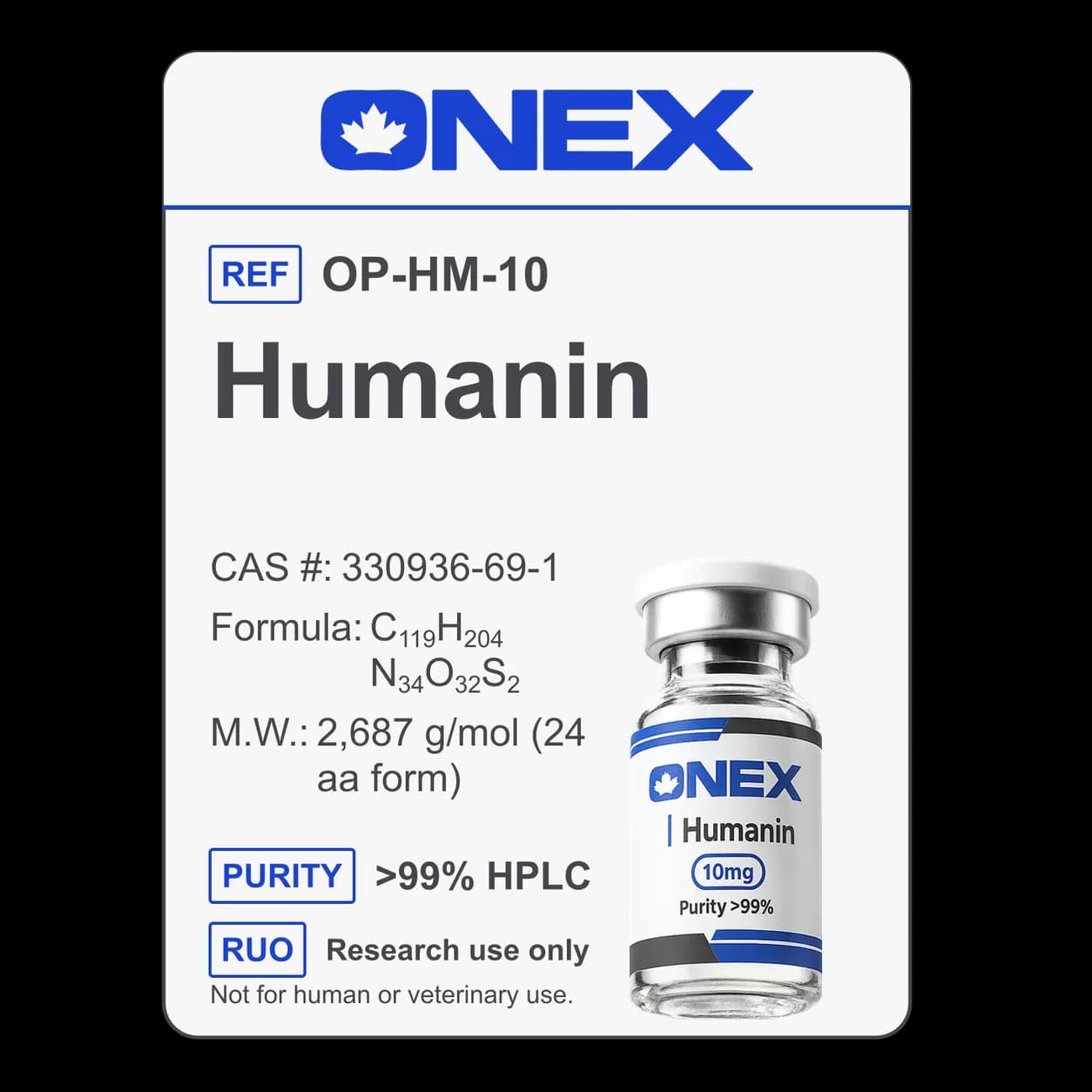 Humanin 10mg specification card: catalogue reference, CAS number, molecular formula and purity