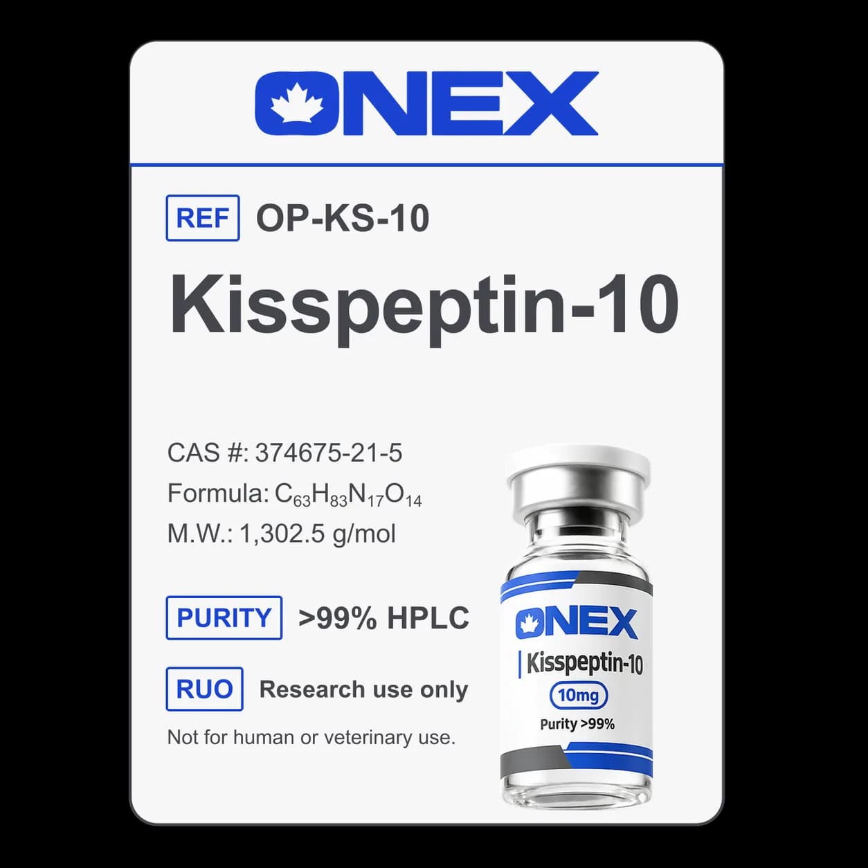 Kisspeptin-10 10mg specification card: catalogue reference, CAS number, molecular formula and purity