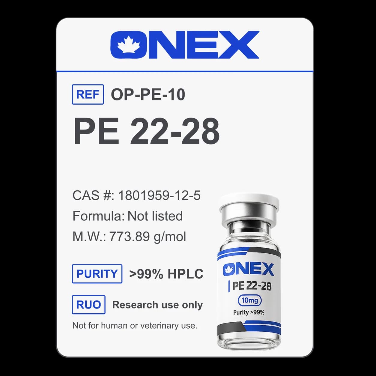 PE 22-28 10mg specification card: catalogue reference, CAS number, molecular formula and purity