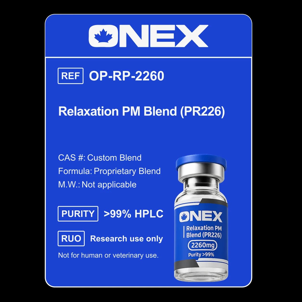 Relaxation PM Blend (PR226) 2,260mg specification card: catalogue reference, CAS number, molecular formula and purity
